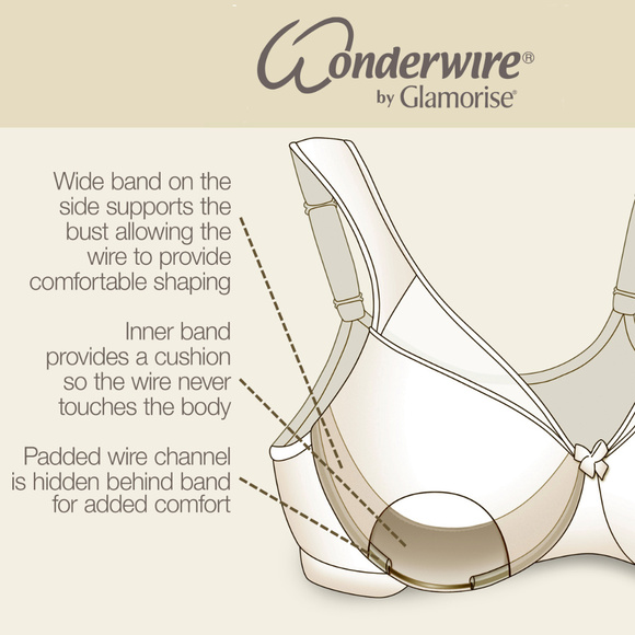 Glamorise 46F WONDERWIRE Bra Satin & Lace UNDERWIRE (FLEXI SIDE BONES) Ivory NEW - Picture 9 of 16